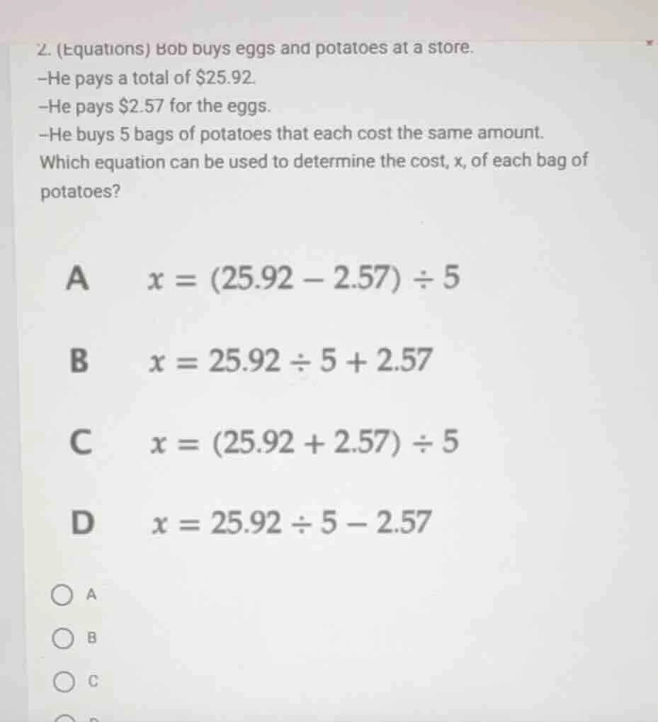 2. (equations) bob buys eggs and potatoes at a store. —he pays a total …
