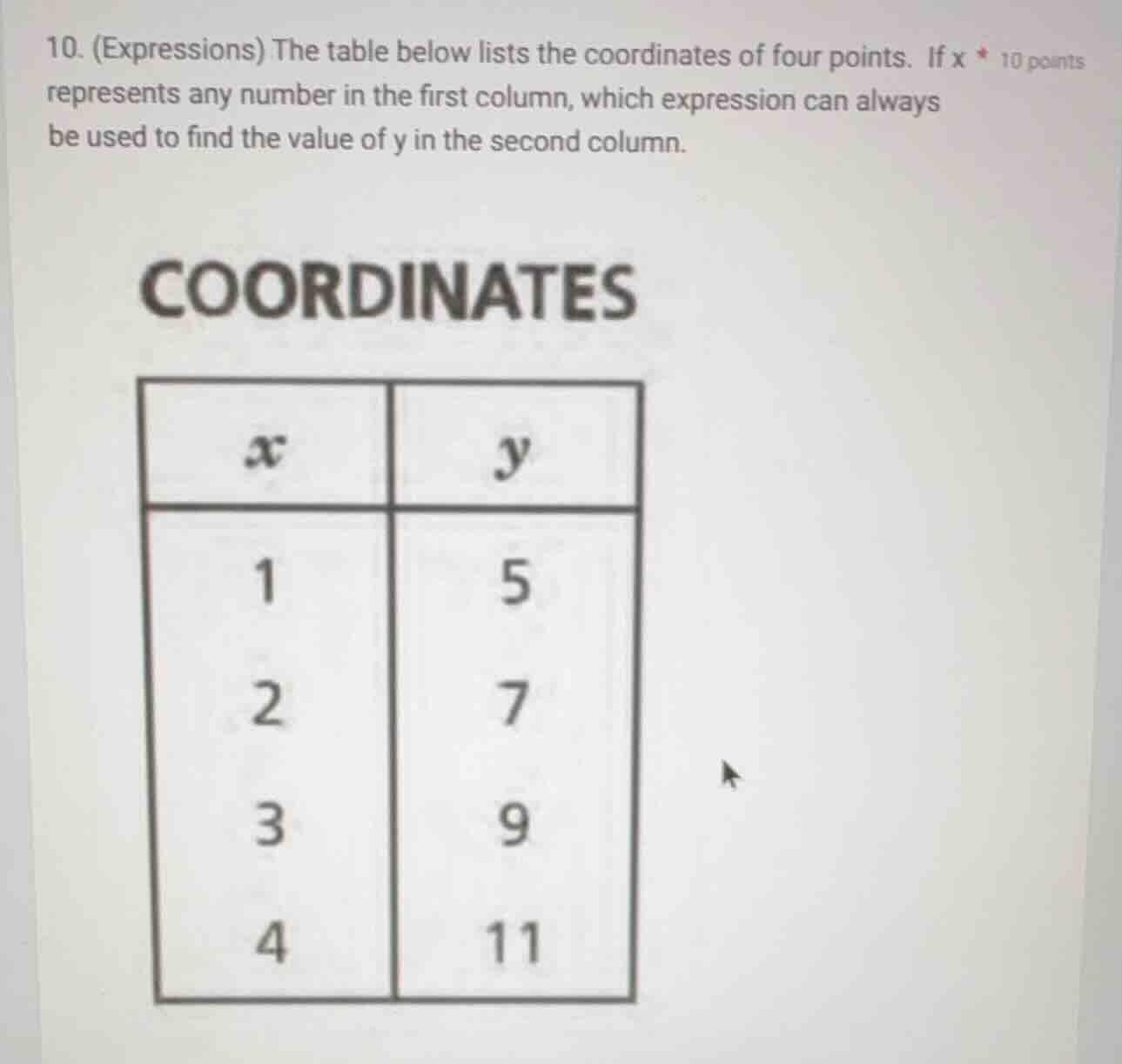 10. (expressions) the table below lists the coordinates of four points.…