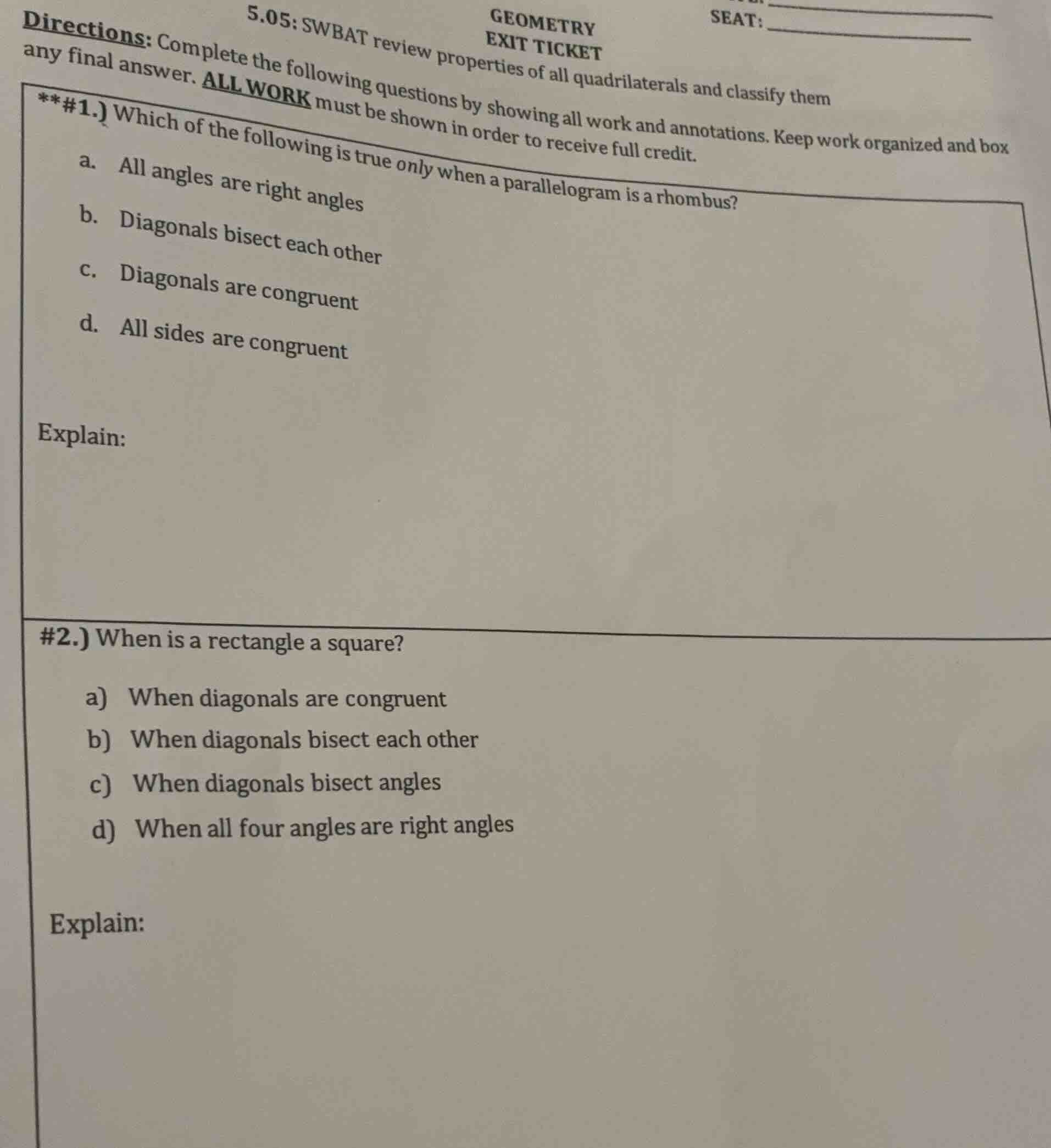 directions: complete the following questions by showing all work and an…