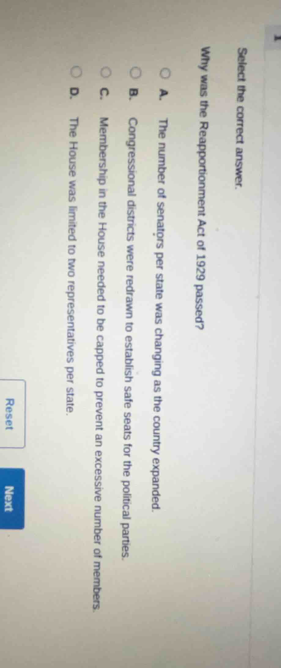 select the correct answer. why was the reapportionment act of 1929 pass…