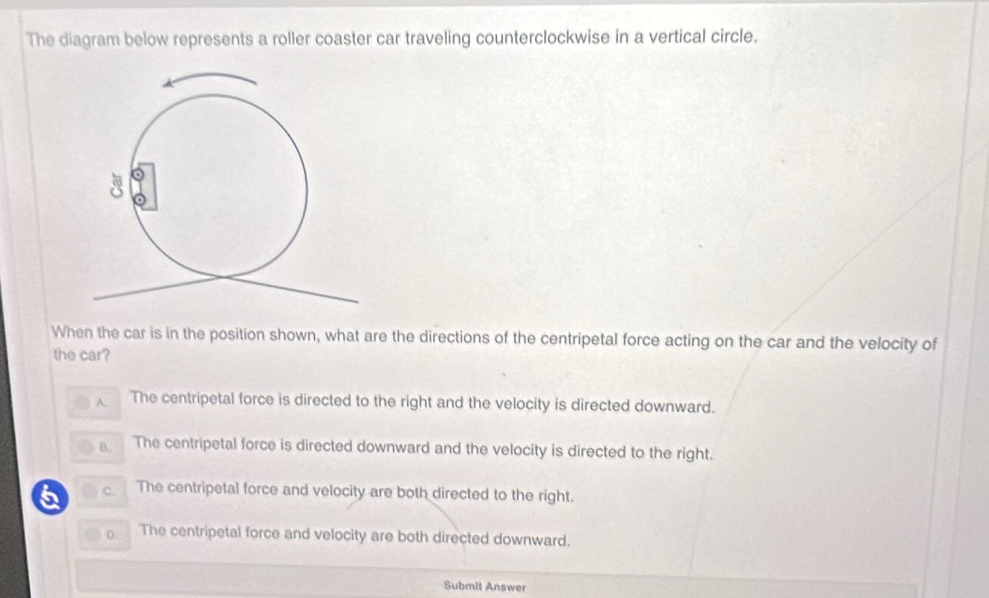 the diagram below represents a roller coaster car traveling countercloc…