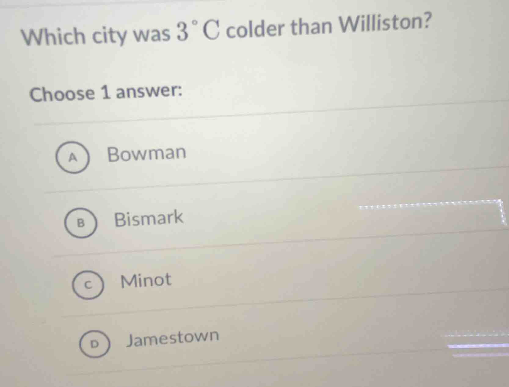 which city was $3\\,^{\\circ}\\text{c}$ colder than williston? choose 1…