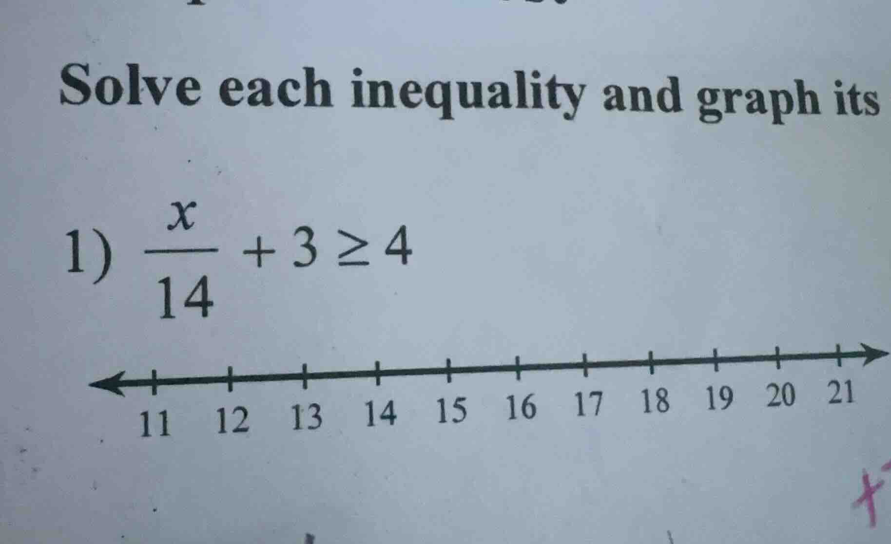 solve each inequality and graph its 1) $\frac{x}{14} + 3 \\geq 4$ numbe…