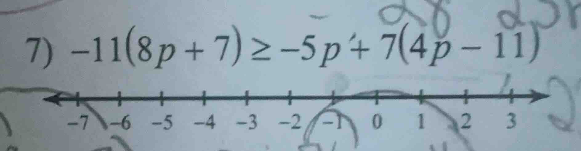 7) $-11(8p + 7) \\geq -5p + 7(4p - 11)$
