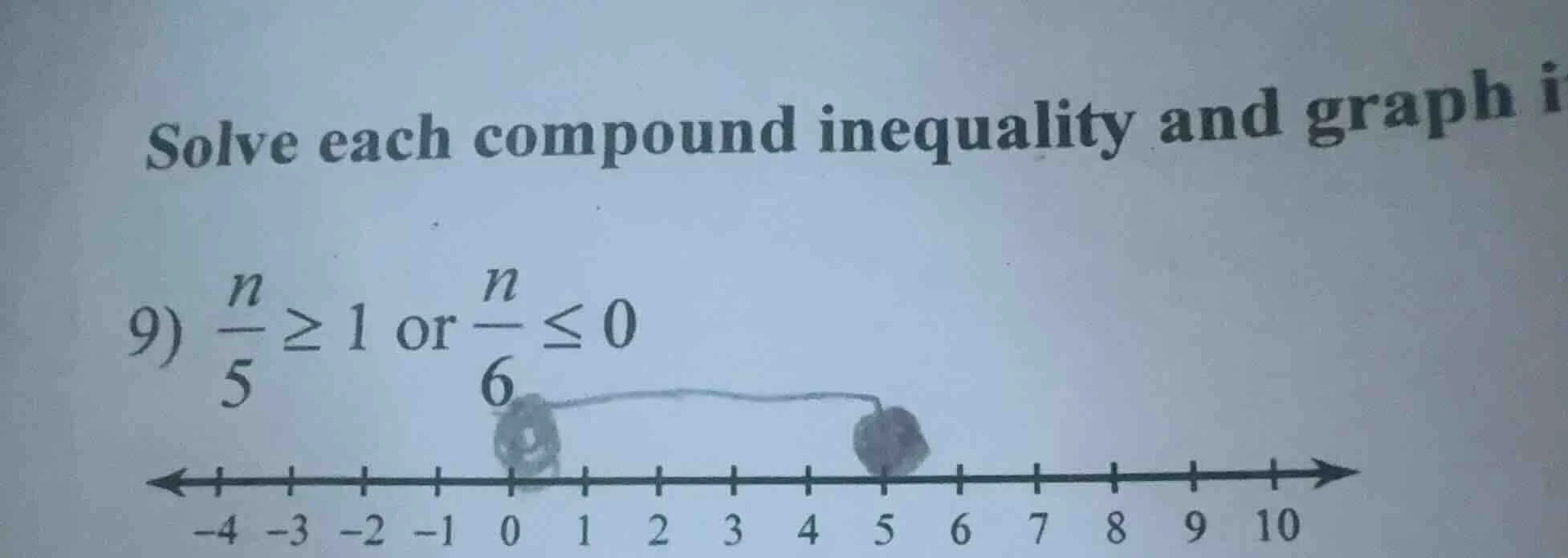 solve each compound inequality and graph i 9) $\frac{n}{5} geq 1$ or $\…