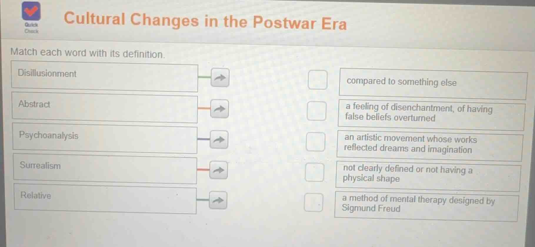 cultural changes in the postwar era match each word with its definition…