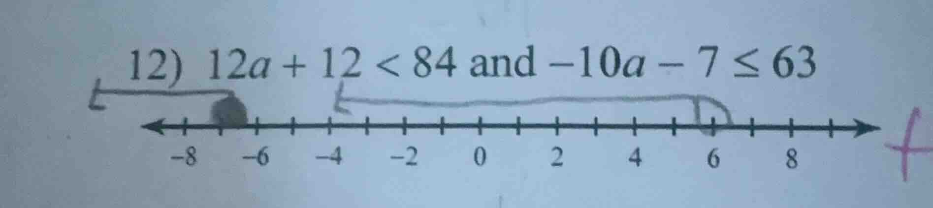 12) 12a + 12 < 84 and -10a - 7 ≤ 63