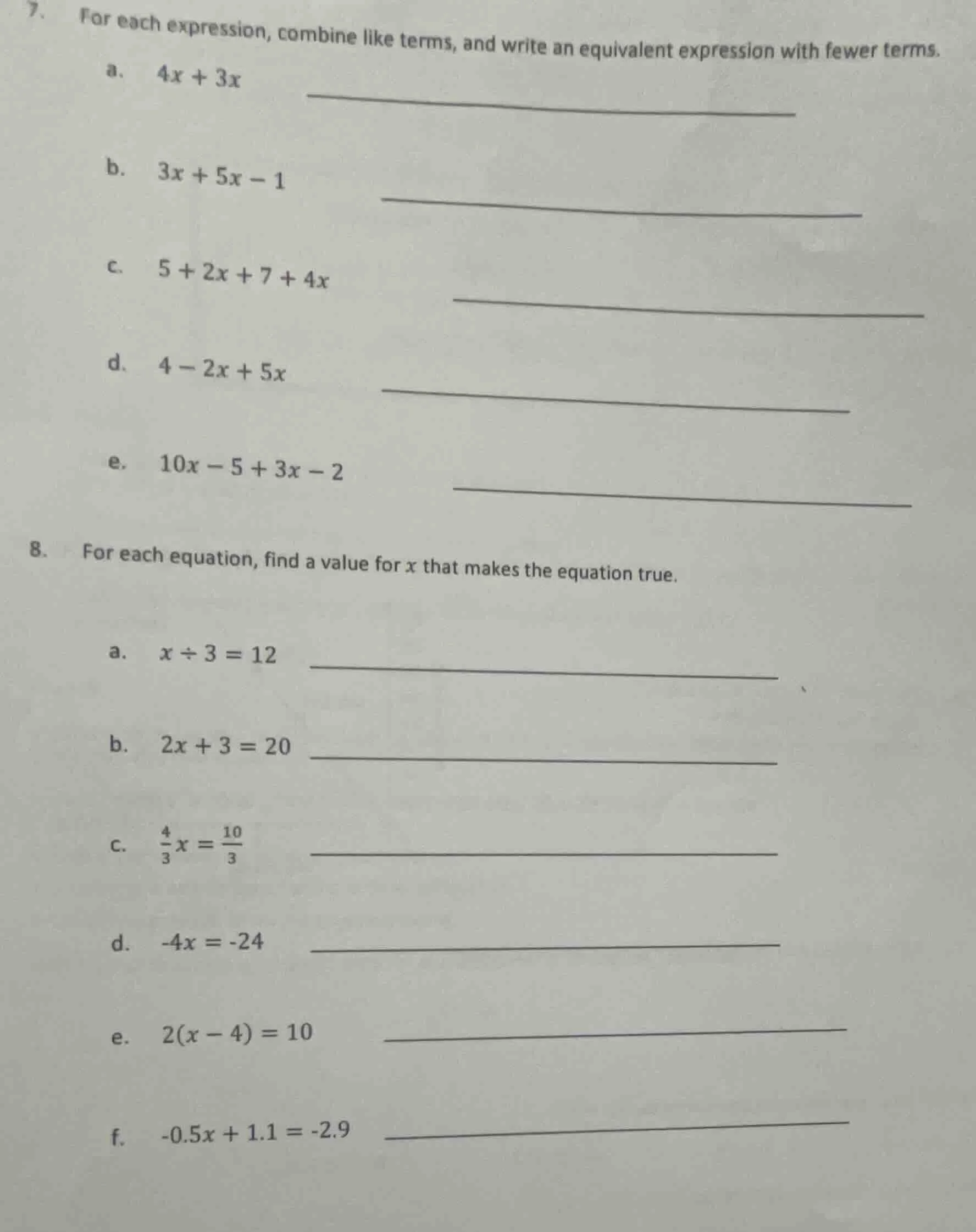 7. for each expression, combine like terms, and write an equivalent exp…