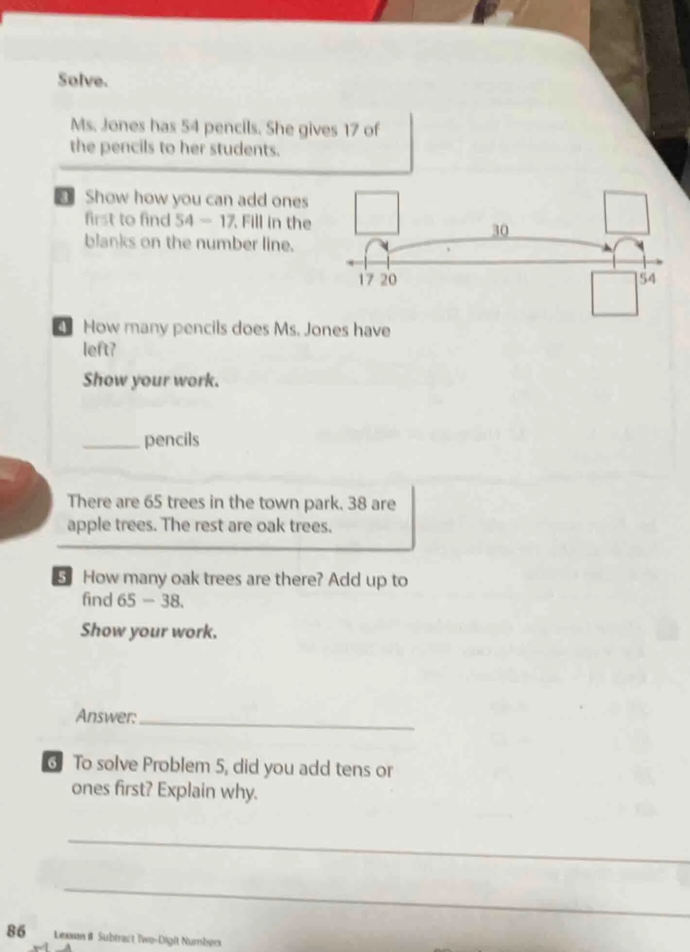 solve. ms. jones has 54 pencils. she gives 17 of the pencils to her stu…