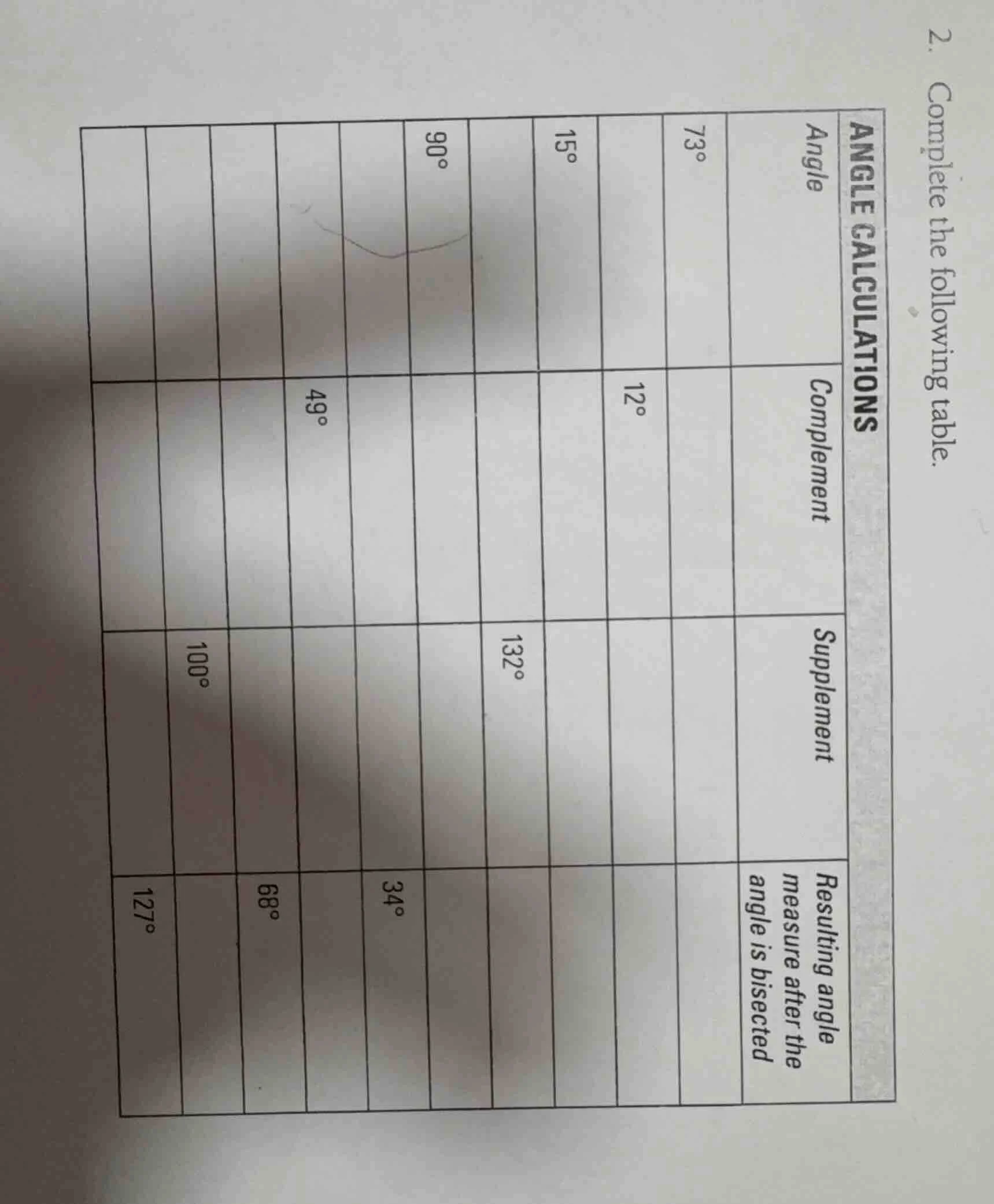 2. complete the following table. angle calculations | angle | complemen…