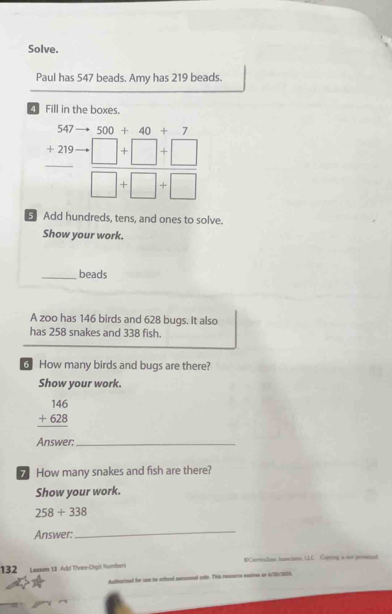 solve. paul has 547 beads. amy has 219 beads. 4 fill in the boxes. 547→…