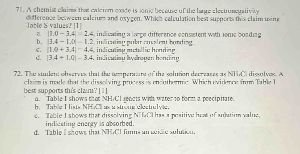 71. a chemist claims that calcium oxide is ionic because of the large e…