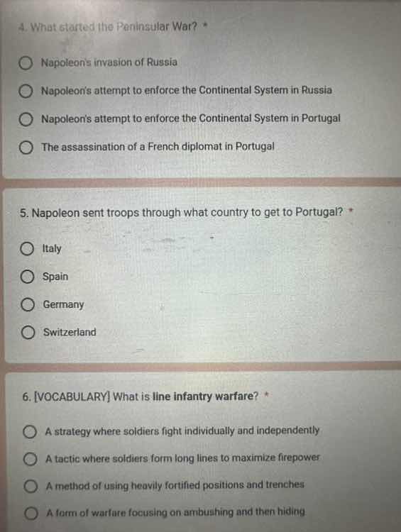 4. what started the peninsular war? * - napoleon’s invasion of russia -…