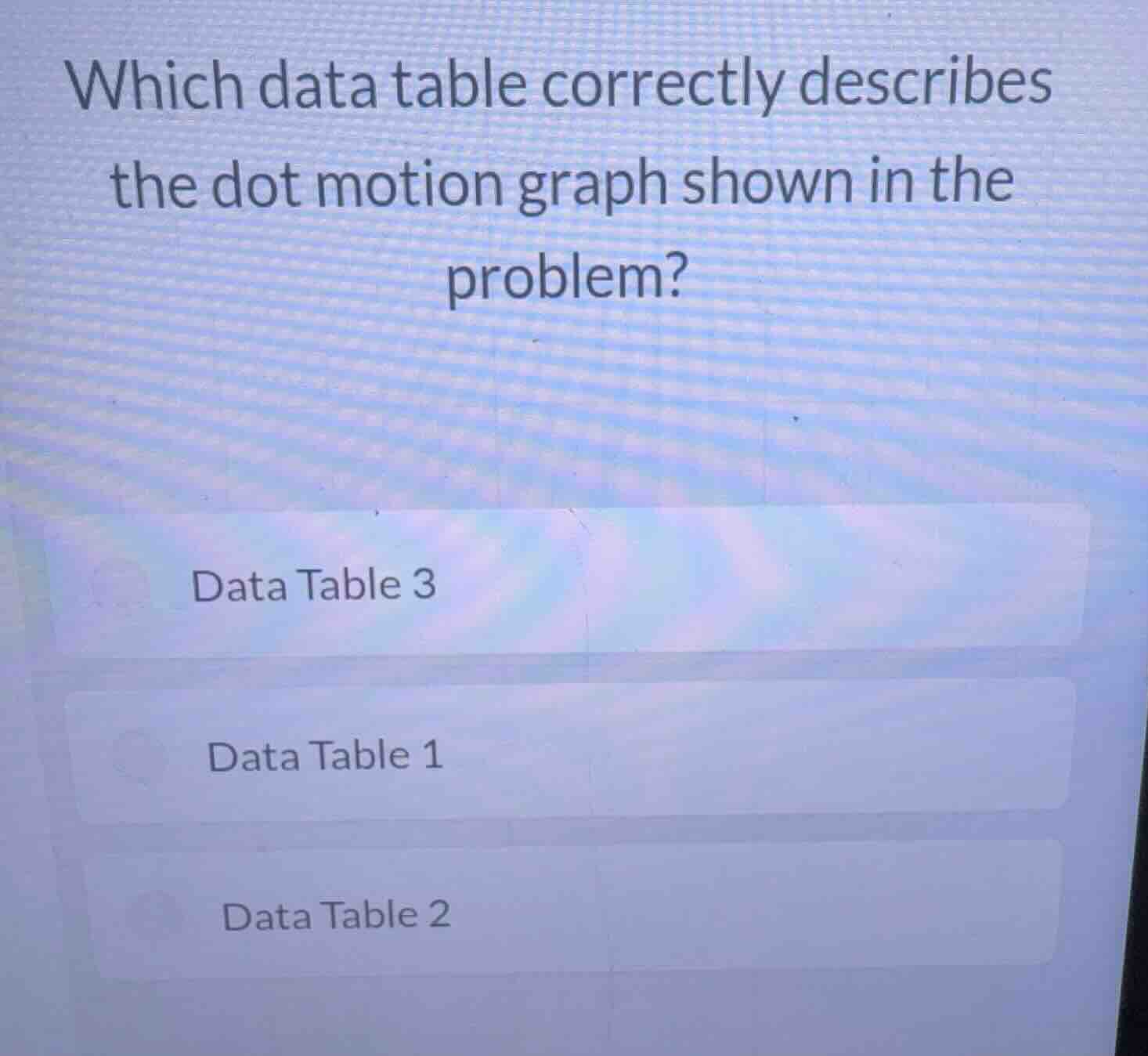 which data table correctly describes the dot motion graph shown in the …