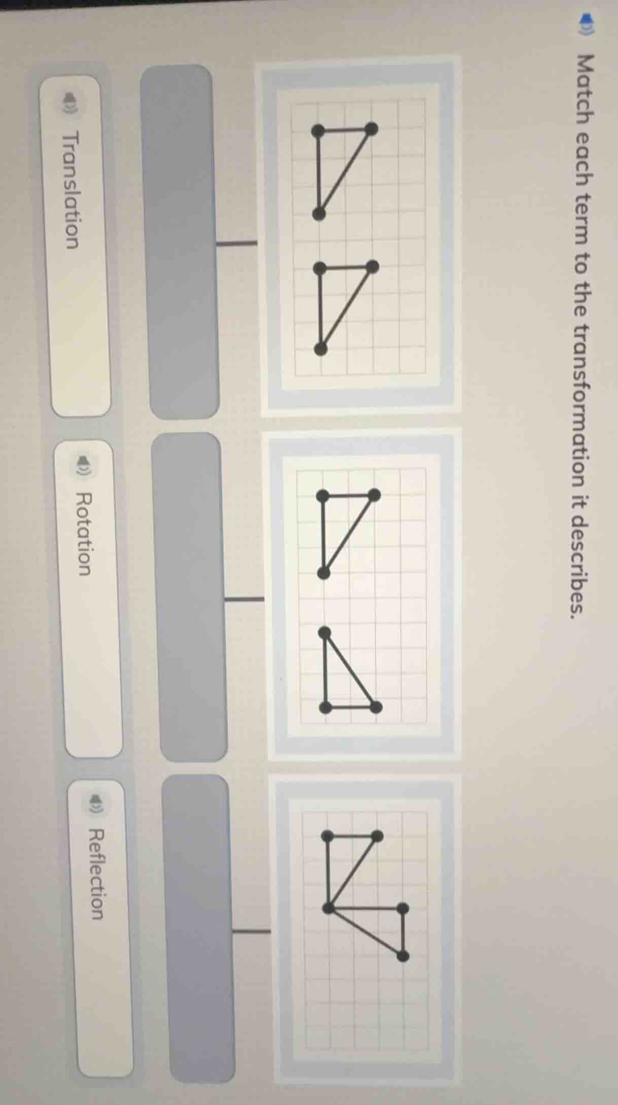 match each term to the transformation it describes. translation rotatio…