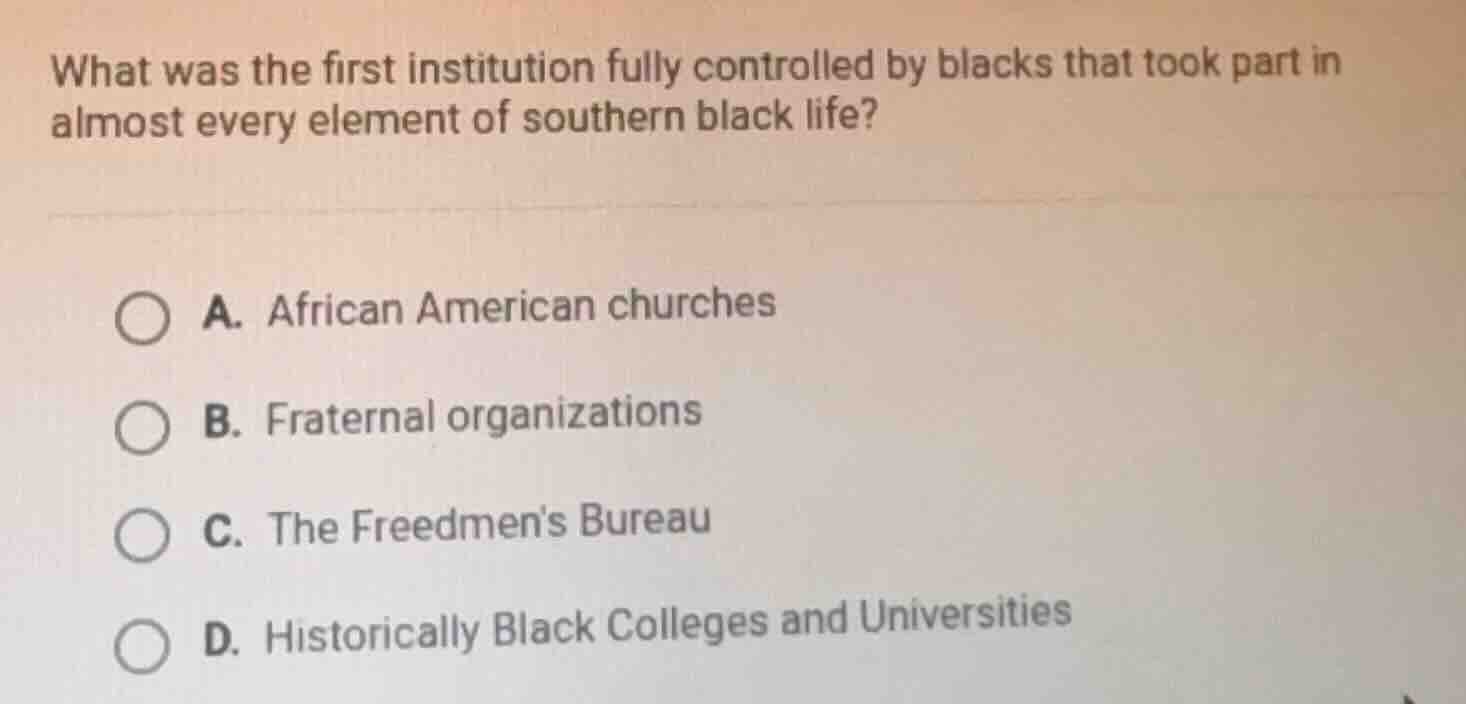 what was the first institution fully controlled by blacks that took par…