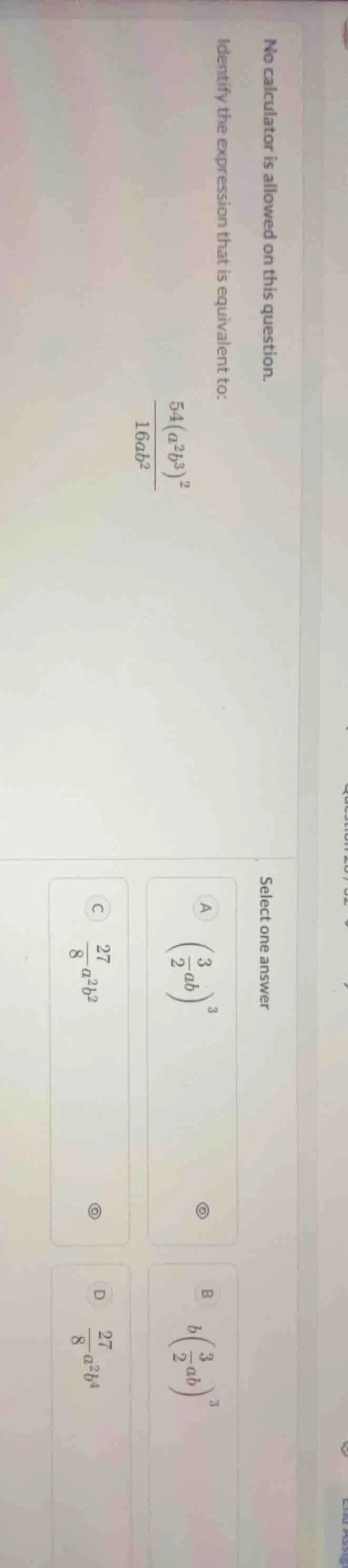 no calculator is allowed on this question. identify the expression that…