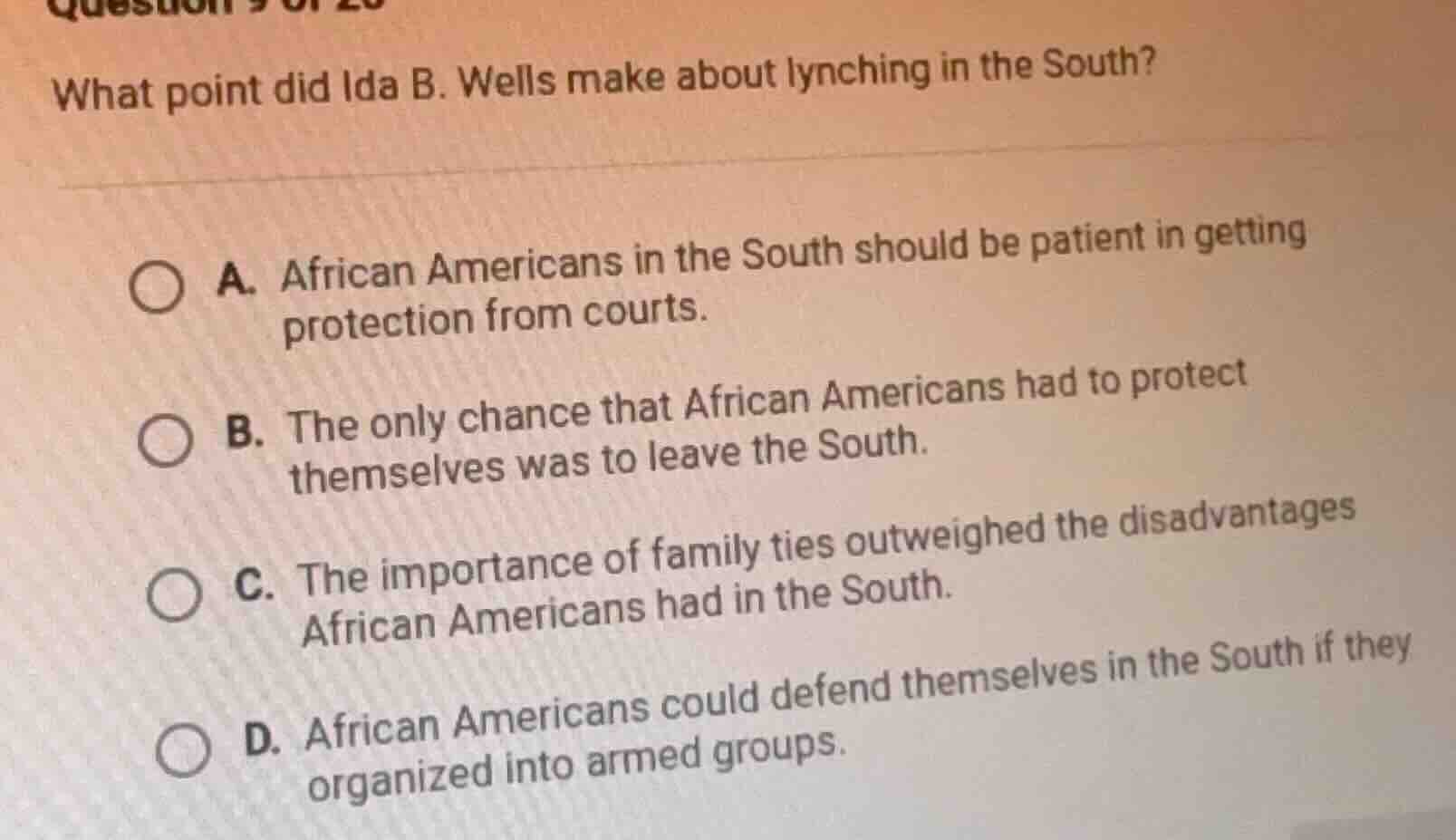 question 9 of 20 what point did ida b. wells make about lynching in the…