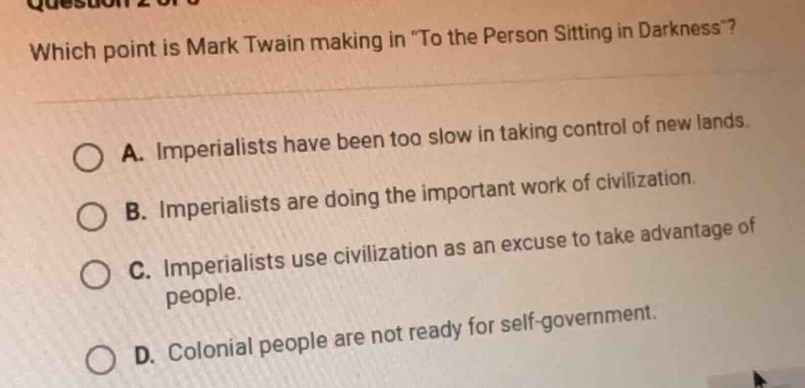 question 2 of 6 which point is mark twain making in \to the person sitt…