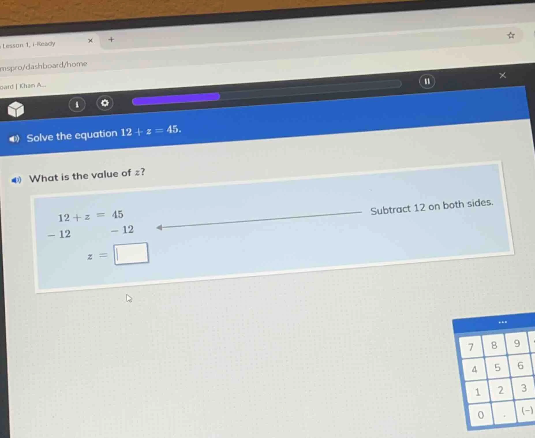 solve the equation $12 + z = 45$. what is the value of $z$? $\\begin{al…