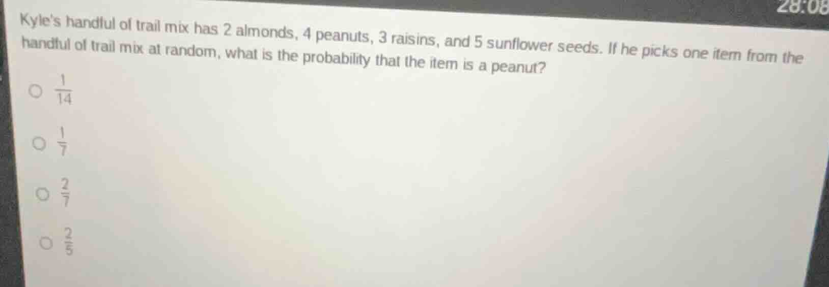 kyles handful of trail mix has 2 almonds, 4 peanuts, 3 raisins, and 5 s…