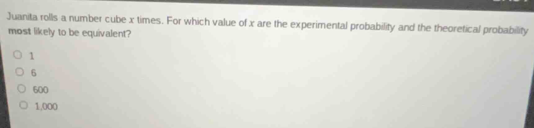 juanita rolls a number cube x times. for which value of x are the exper…