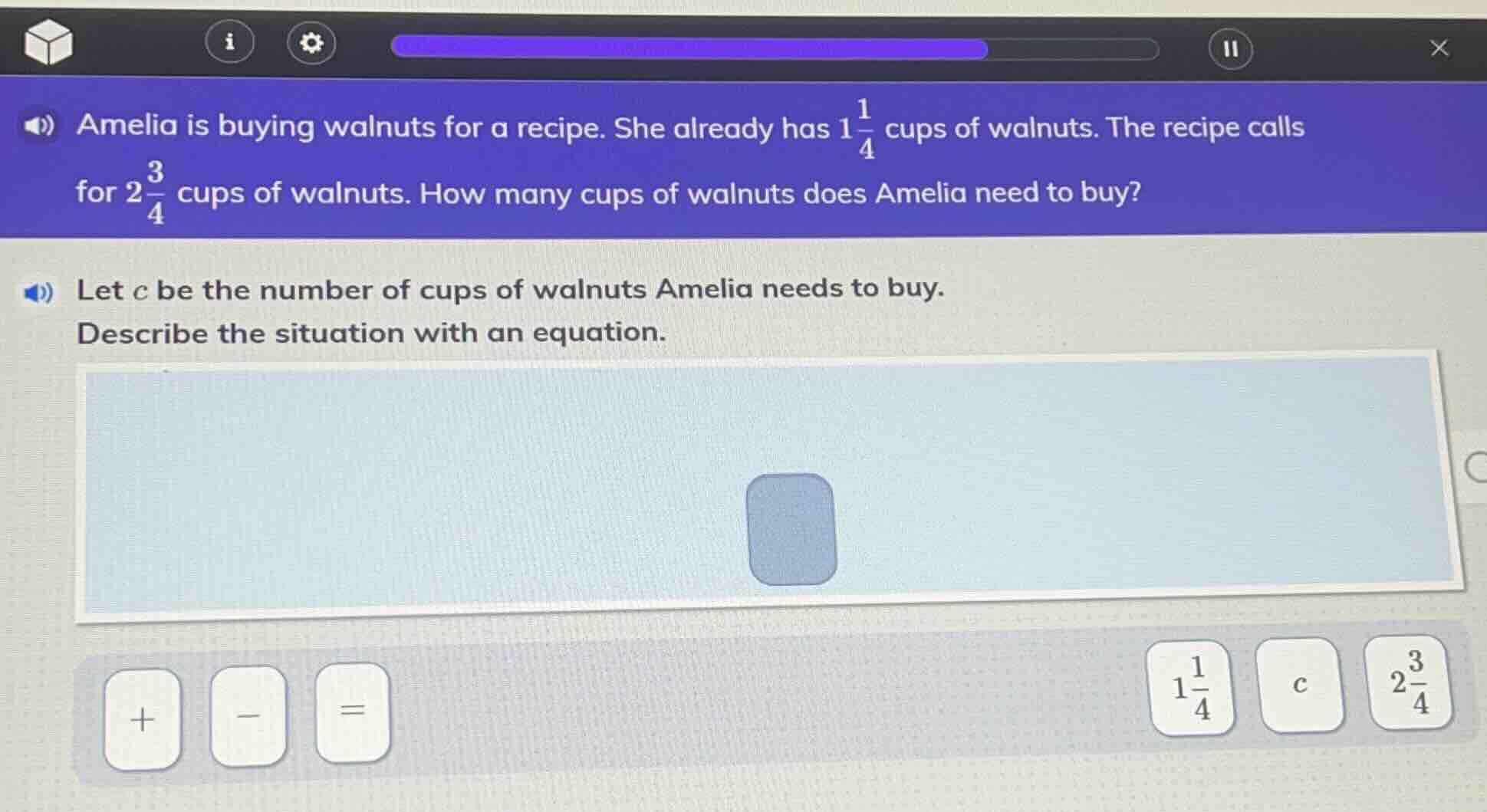 amelia is buying walnuts for a recipe. she already has $1\\frac{1}{4}$ …