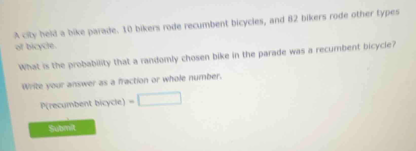 a city held a bike parade. 10 bikers rode recumbent bicycles, and 82 bi…