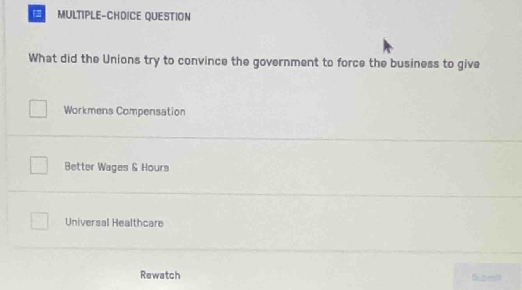 multiple-choice question what did the unions try to convince the govern…