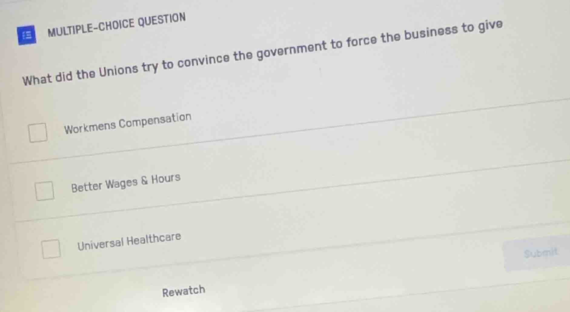multiple-choice question what did the unions try to convince the govern…