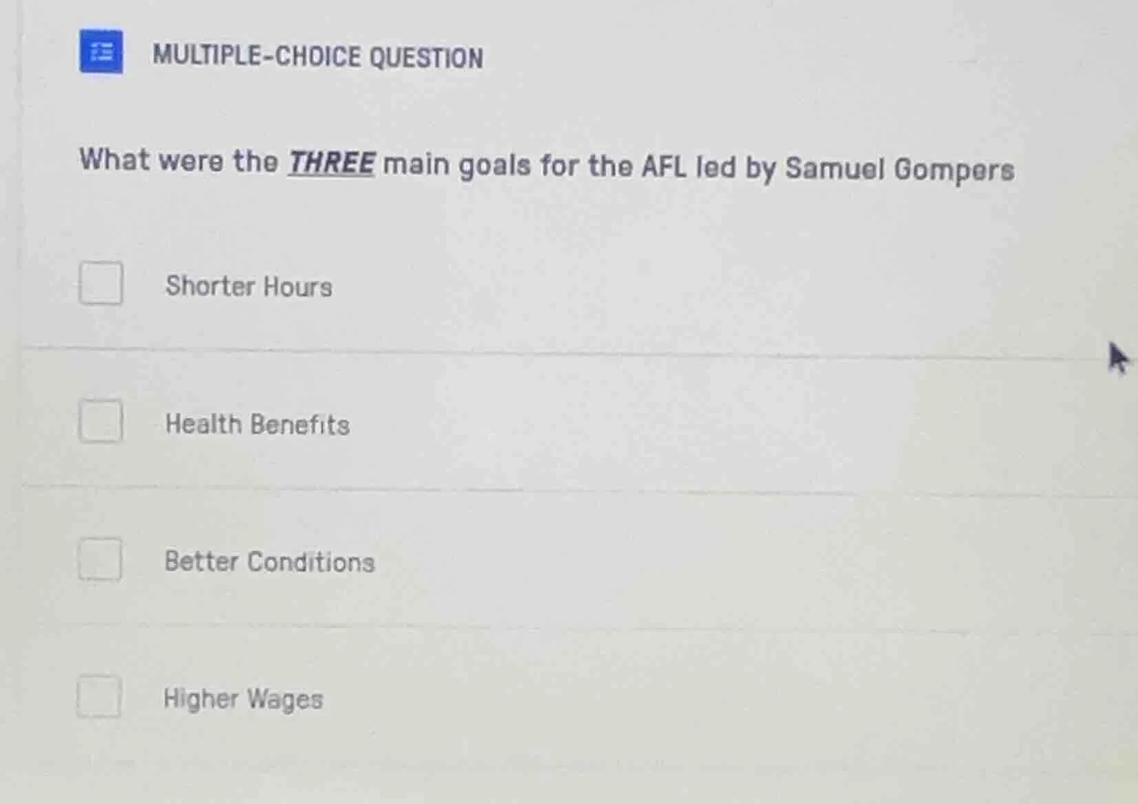multiple-choice question what were the three main goals for the afl led…