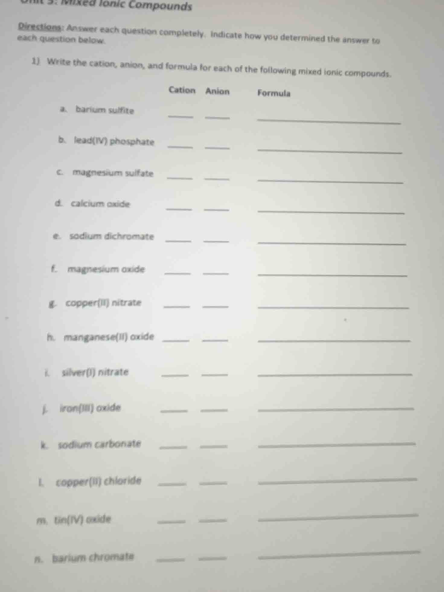 unit 9: mixed ionic compounds directions: answer each question complete…