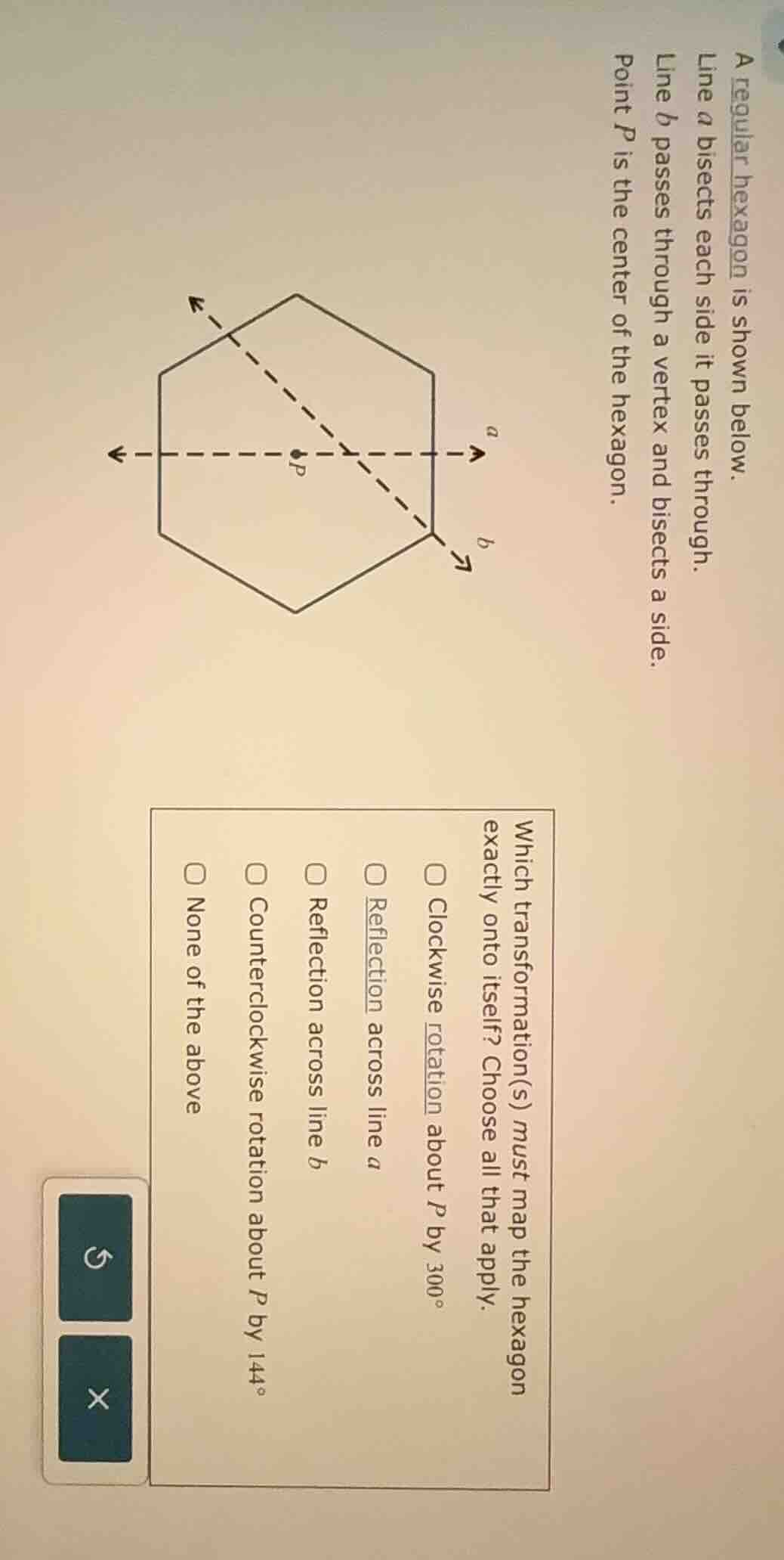 a regular hexagon is shown below. line ( a ) bisects each side it passe…