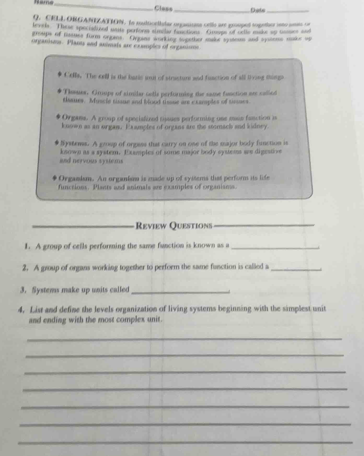 name class date q. cell organization. in multicellular organisms cells …