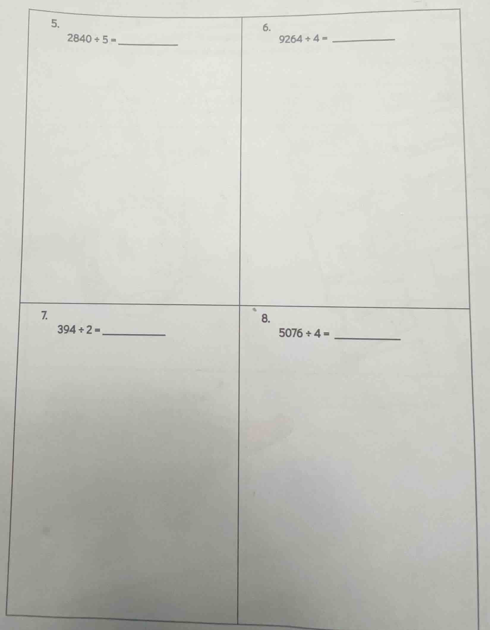 5. 2840÷5=______ 6. 9264÷4=______ 7. 394÷2=______ 8. 5076÷4=______