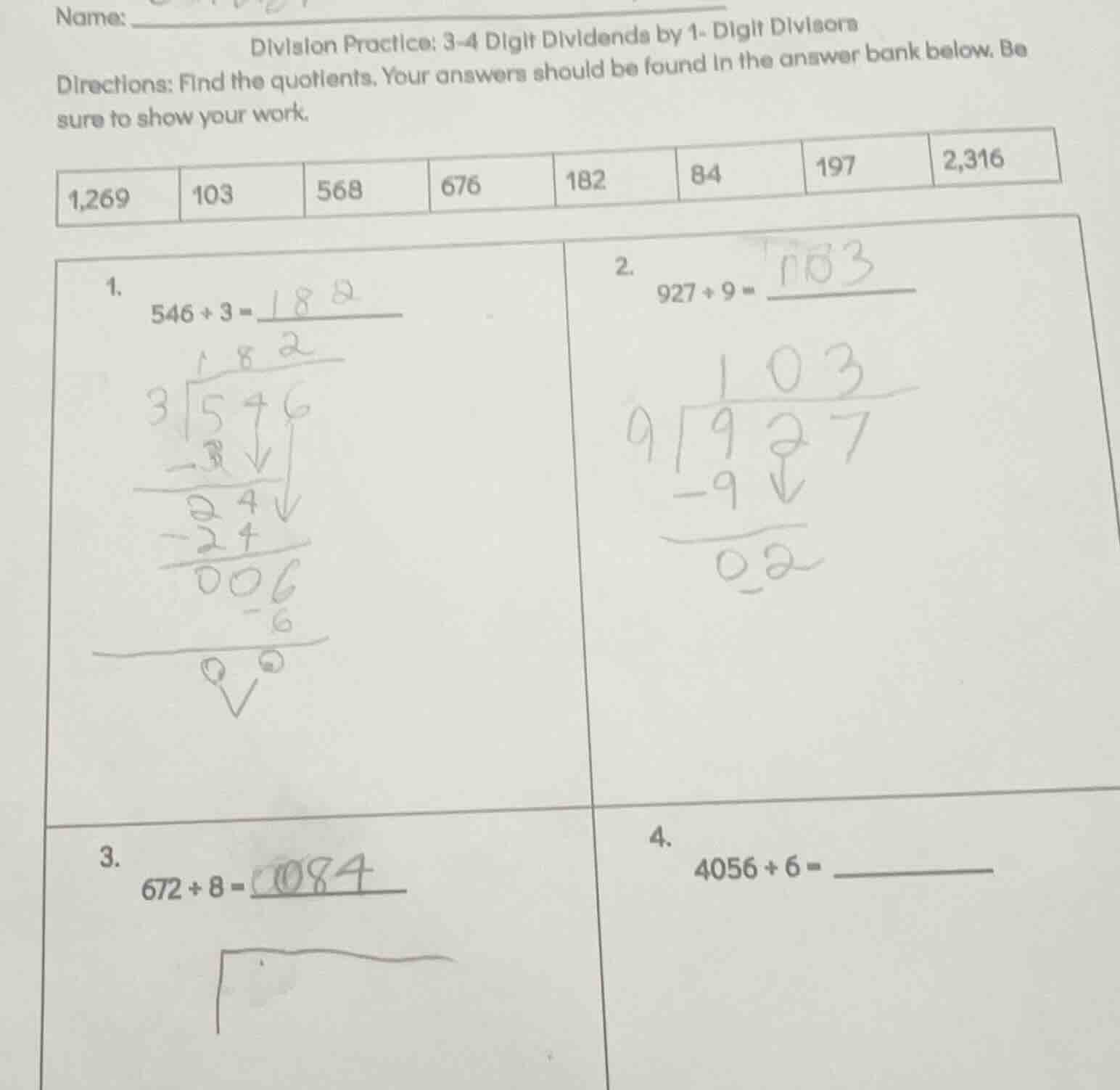 name: ______ division practice: 3 - 4 digit dividends by 1 - digit divi…
