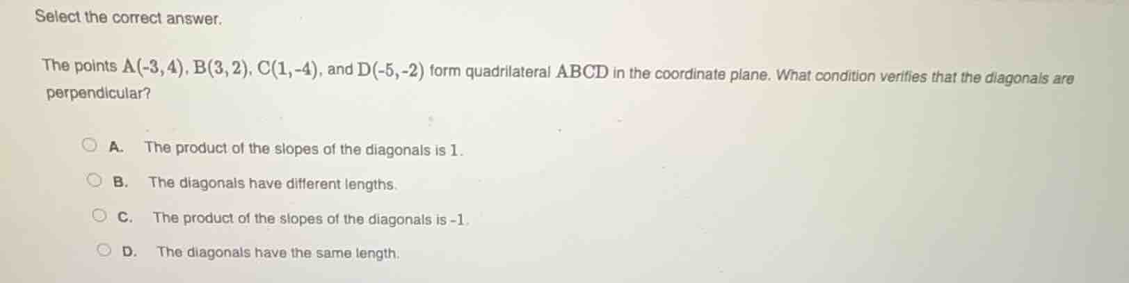 select the correct answer. the points a(-3,4), b(3,2), c(1,-4), and d(-…