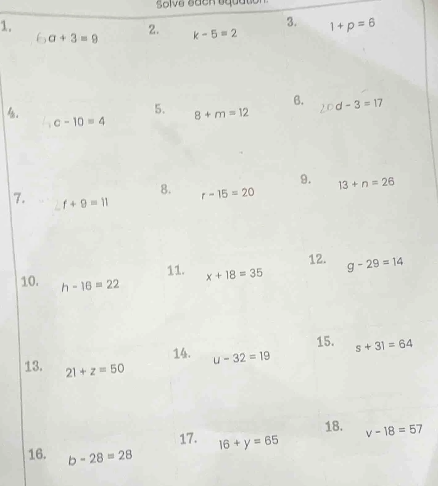 solve each equation. 1. ( 6a + 3 = 9 ) 2. ( k - 5 = 2 ) 3. ( 1 + p = 6 …