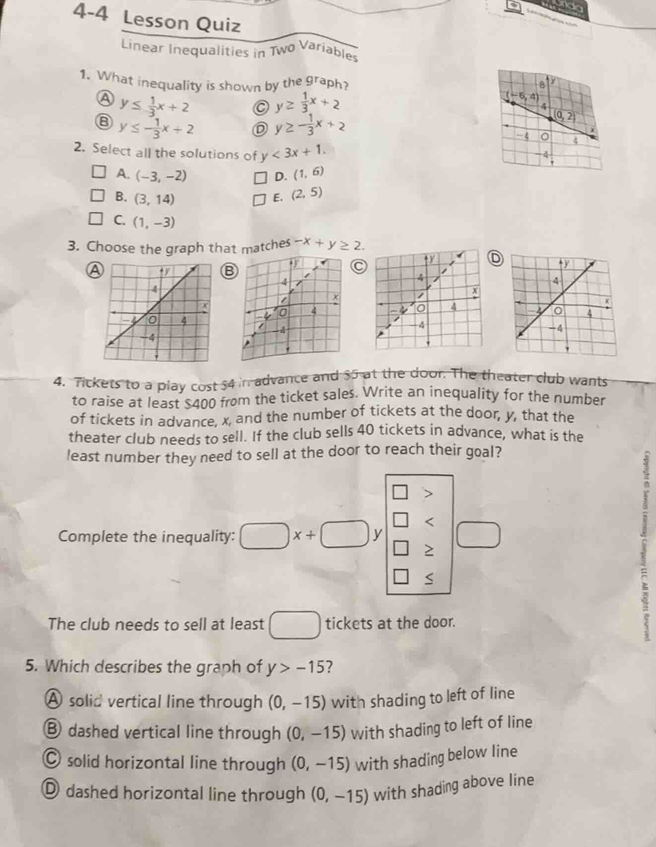 4-4 lesson quiz linear inequalities in two variables 1. what inequality…