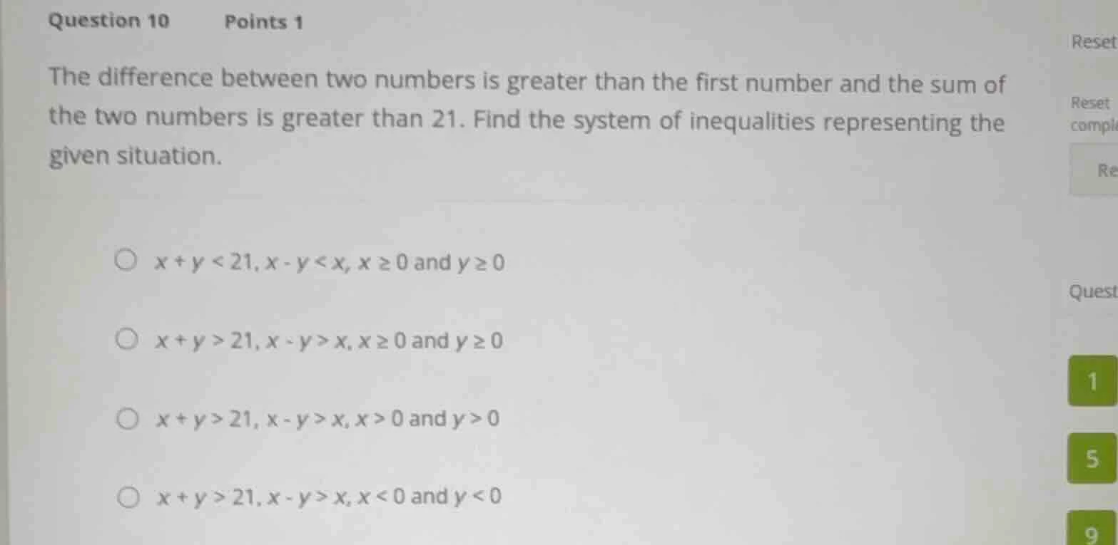 question 10 points 1 the difference between two numbers is greater than…
