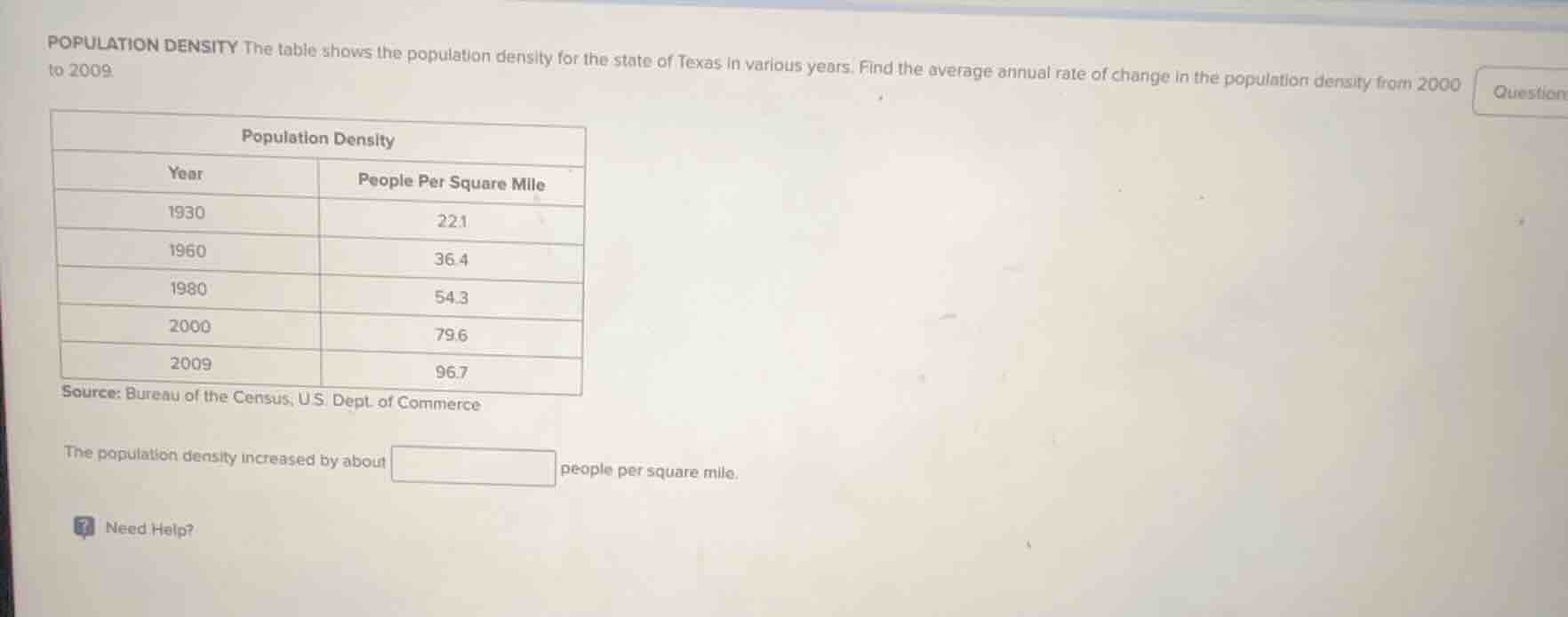 population density the table shows the population density for the state…