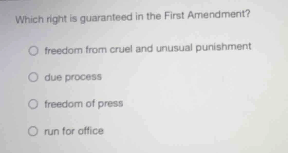 which right is guaranteed in the first amendment? ○ freedom from cruel …