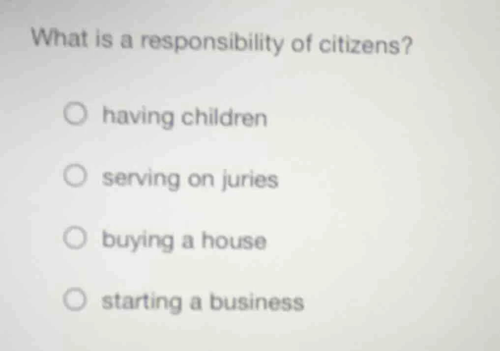 what is a responsibility of citizens? ○ having children ○ serving on ju…