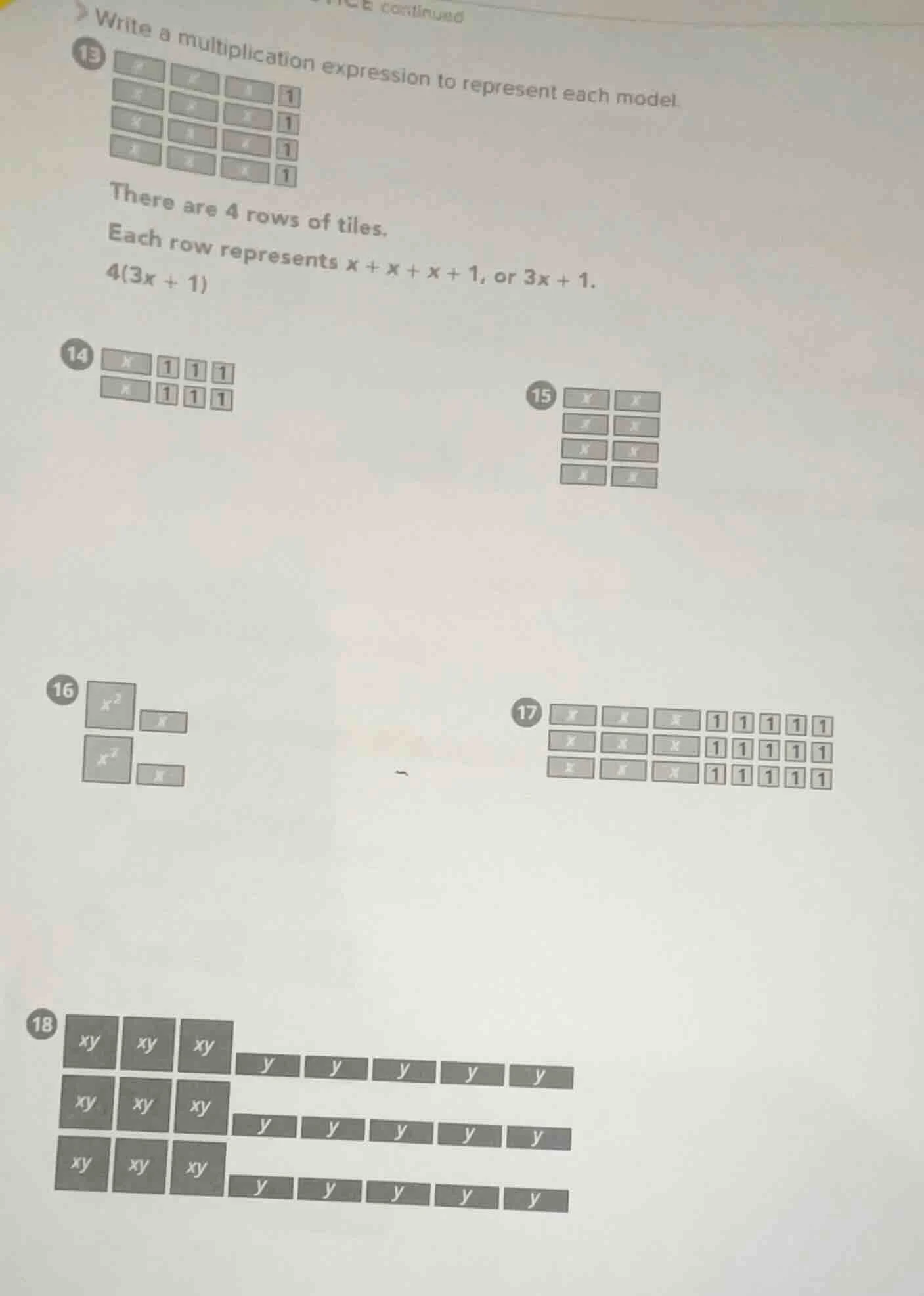 write a multiplication expression to represent each model. 13 there are…