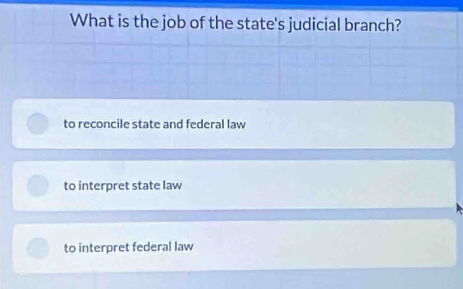 what is the job of the states judicial branch? to reconcile state and f…