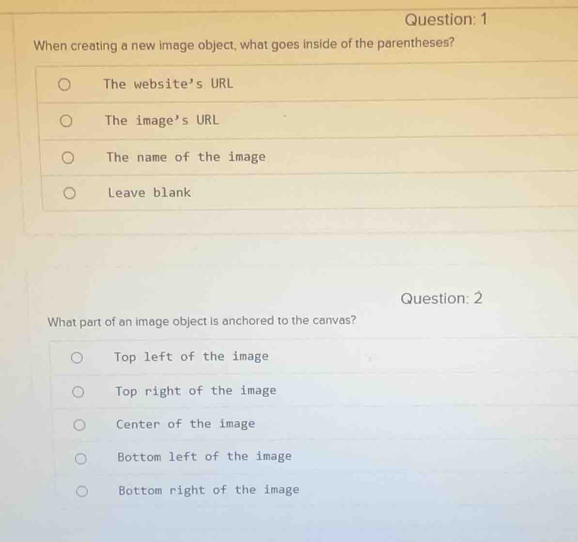 question: 1 when creating a new image object, what goes inside of the p…