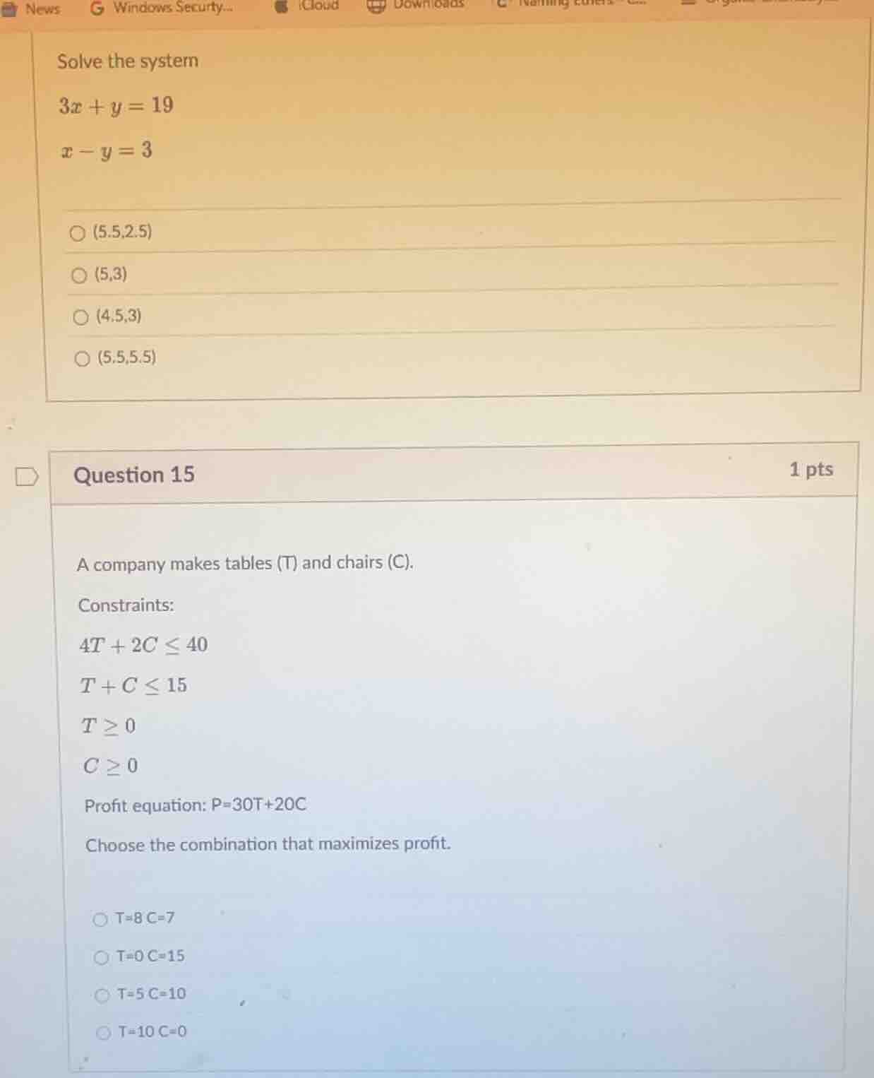 solve the system $3x + y = 19$ $x - y = 3$ \\bigcirc $(5.5,2.5)$ \\bigc…