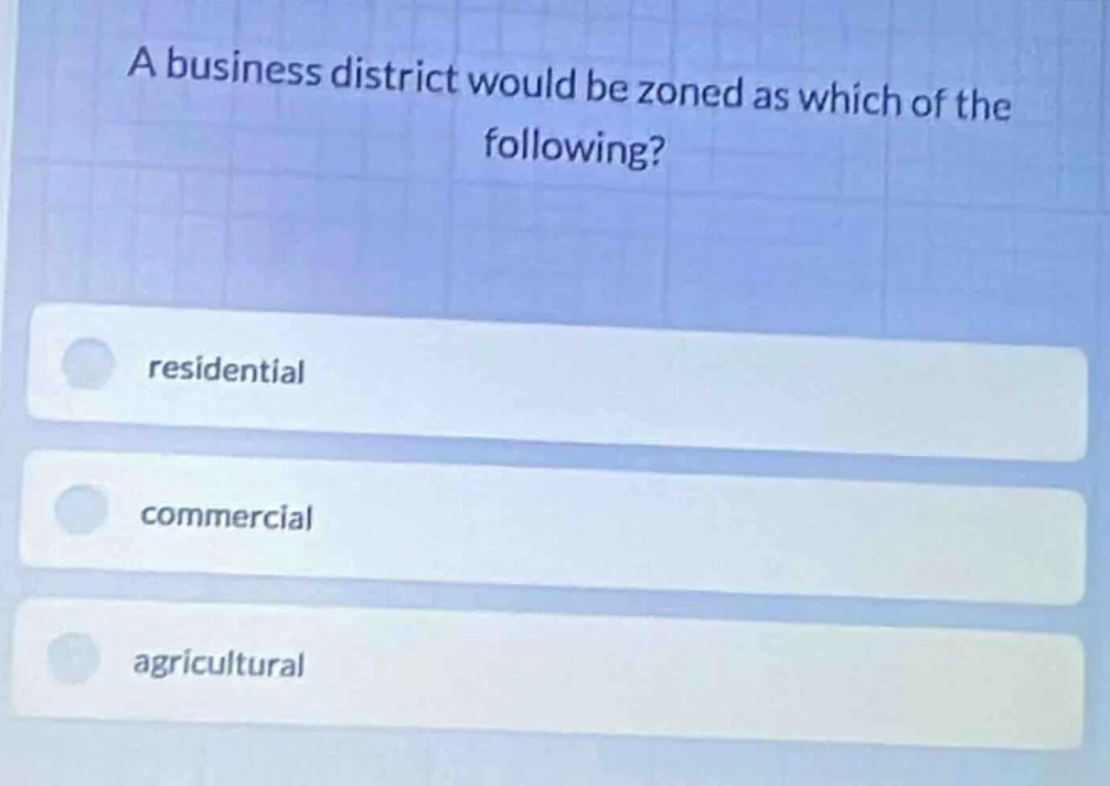 a business district would be zoned as which of the following? residenti…