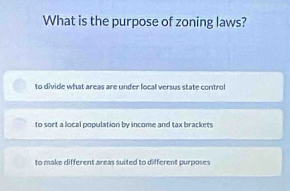 what is the purpose of zoning laws? to divide what areas are under loca…