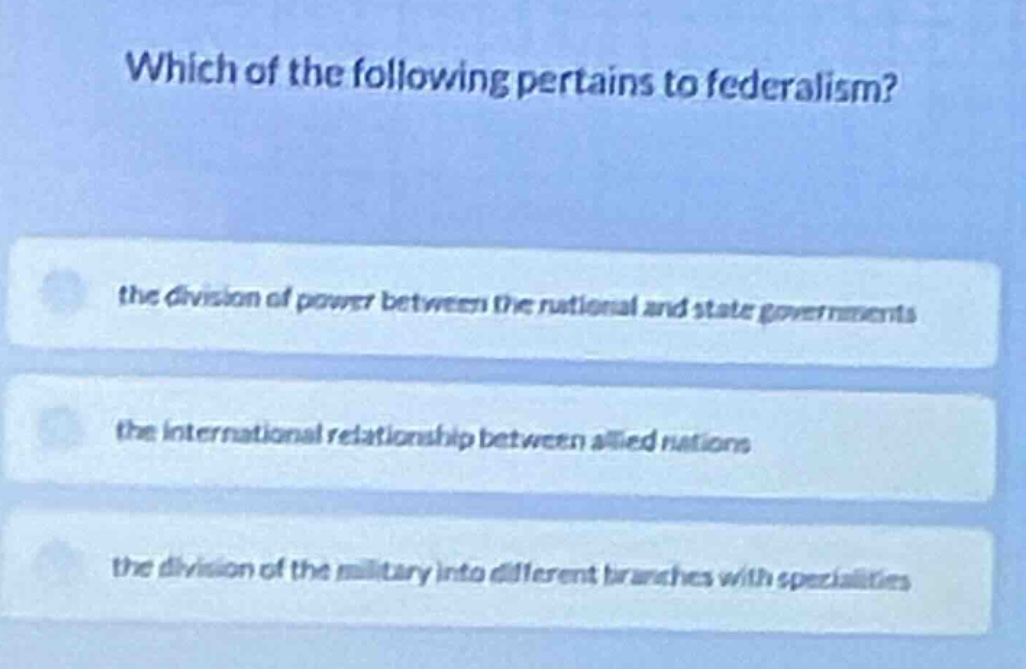 which of the following pertains to federalism? the division of power be…